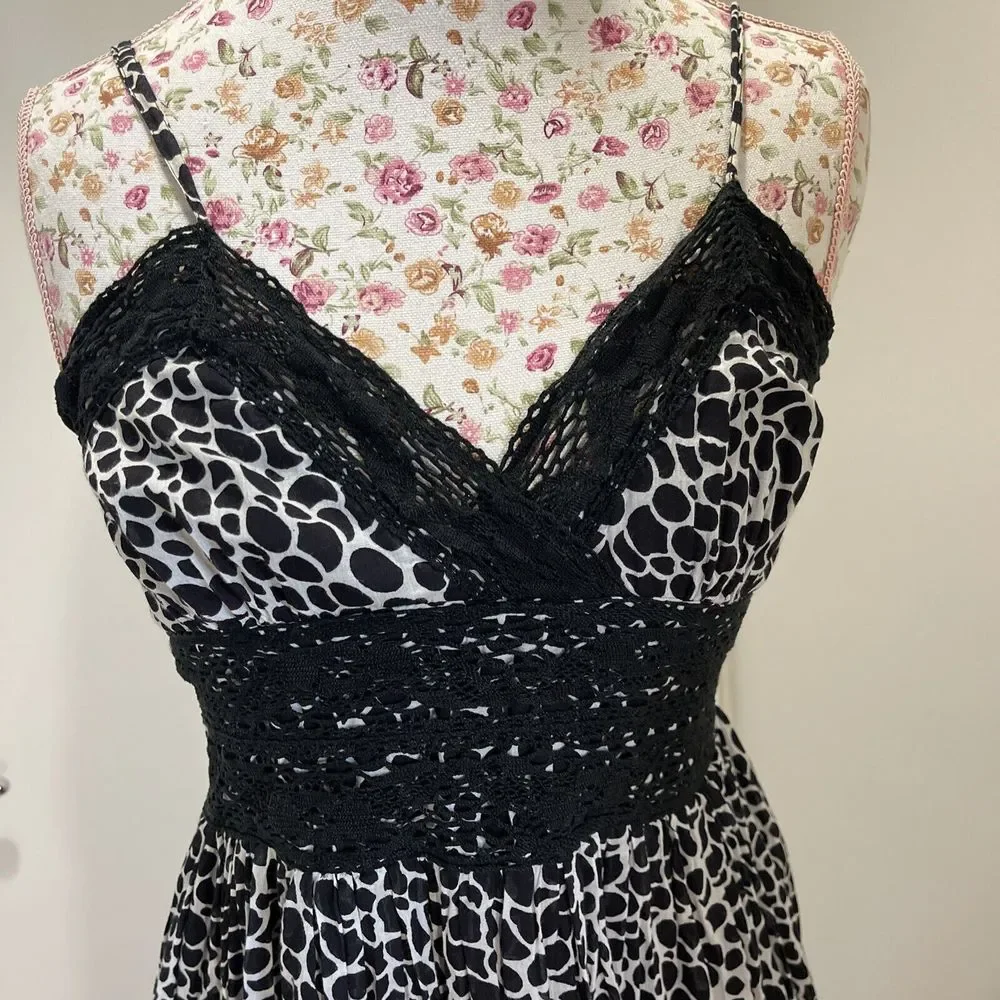 Papillon Womens Dress S Bohemian Sleeveless Maxi White Black V-neck Flowy - Picture 5 of 11